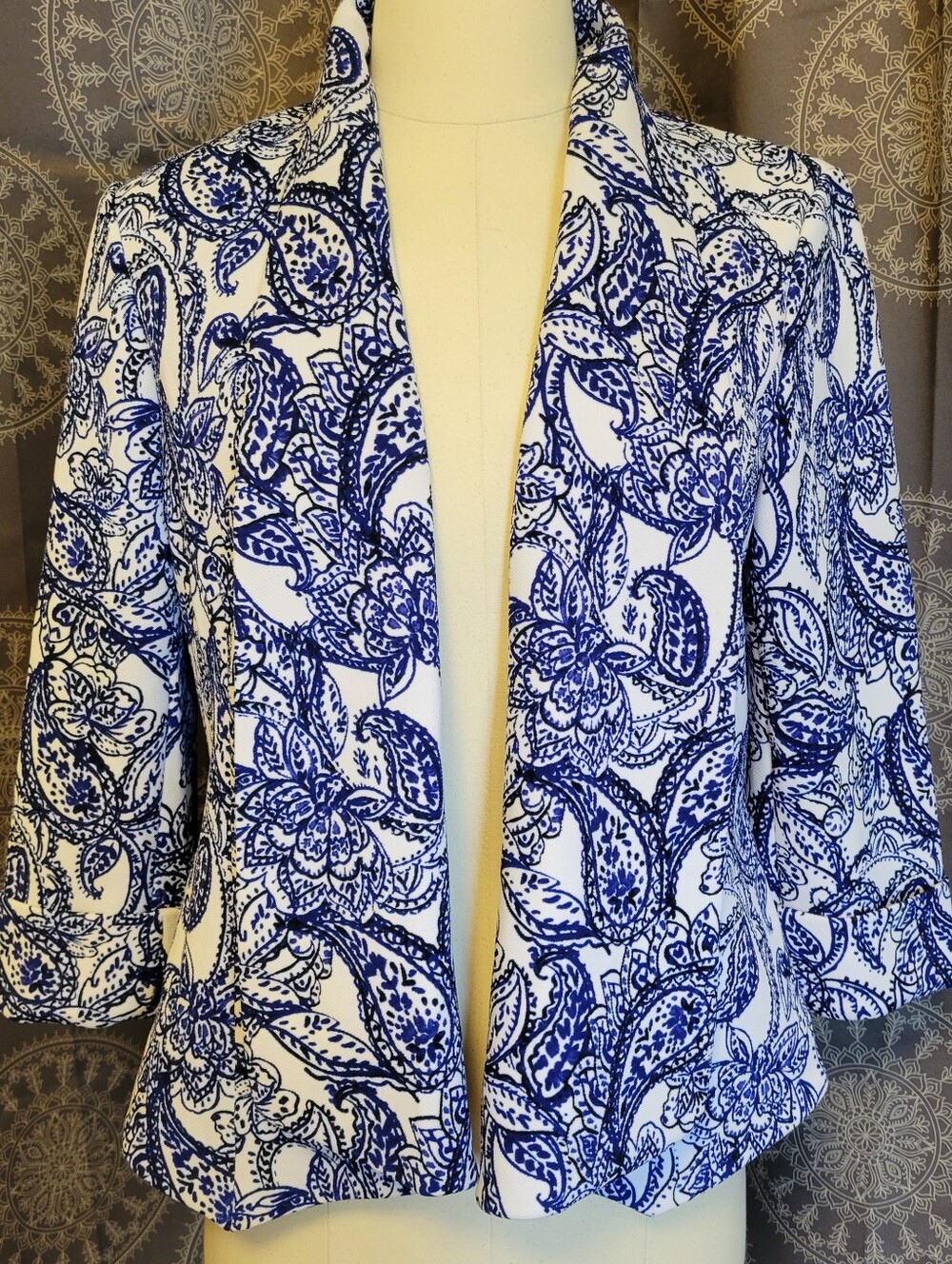 Evan Picon Blk Lbl Blue & White Paisley 3/4 Women's Jacket 6 NWT